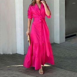 Casual Dresses Fashion Y2K Long Sleeve Lapel Collar Button Lace Up Ruffle Shirt Dress Summer Women Elegant Corset Party