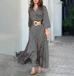 Basic Casual Dresses 2023 Summer Printed Belt Bodycon Maxi Dres Chic Shirt Style Lapel Long Sleeve Elegant Office Lady Vestidos 230715