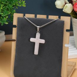 Chains Simple Crystal Pendant Necklace Natural Stone Cross Rose Quartz Charms Stainless Steel Chain Choker Necklaces Jewellery Accessory