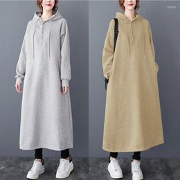 Casual Dresses 2023 Spring Autumn Simple Solid Colour Hooded Plus Velvet Thick Sweater Dress Loose Slimming Women