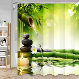 Shower Curtains Green Bamboo Zen Shower Curtains Set Stones and Orchids Flowers Polyester Fabric Bath Curtain with Bathroom Decor