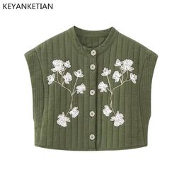 Camis Keyanketian New Floral Embroidery Short Padded Vest Women Retro Style Single Breasted Army Green Sleeveless Jacket Coat Thin