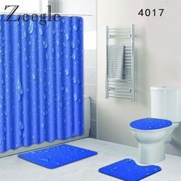 Printed Water Drop Bath Mat and Shower Curtain Set Flannel Toilet Seat Cover Anti Slip Absorbent Foot Rug Bathroom Carpet Set223E