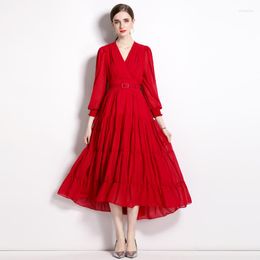 Casual Dresses 2023 V-neck Chiffon Swing Summer Dress For Women Slight Strech Regulai Fit Polyester Lantern Sleeve Empire Elegant Fashion