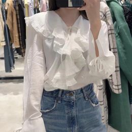 Women's Blouses F GIRLS Spring Summer Ruffle Collar Lace Up Shirt Flare Sleeve Striped Blusas Mujer De Moda 2023 Solid Loose Casual