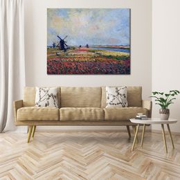 Handmade Artwork Canvas Paintings by Claude Monet Fields of Flowers and Windmills Near Leiden Modern Art Kitchen Room Decor