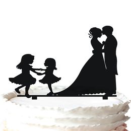 Family wedding cake topper-kissing bride and groom and two girls 37 Colour for option 2704