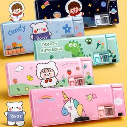 Stationery Box Multi-functional Magnetic Flip Cover Pen Holder Dual-Hole Sharpener Double-Layer Pencil For Boys Girls
