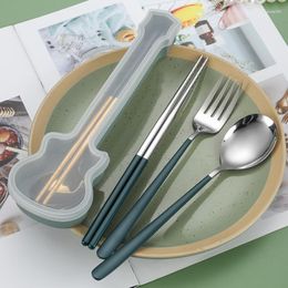 Dinnerware Sets 3Pcs Stainless Steel Spoon Fork Chopsticks Cutlery Set Travel Flatware Guitar Box