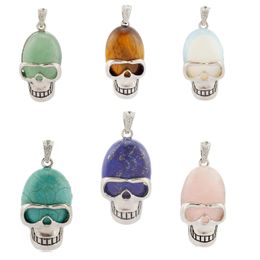 JLN Fashion Skull Gemstone Pendant Turquoise Quartz Amethyst Skeleton With 18 Inches Brass Chain Necklace