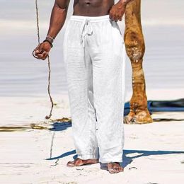 Men's Pants Casual Cotton Linen Men Pure Color Loose Drawstring Elastic Waist Beach Trouser Leisure Mens Straight Long Pant Streetwear