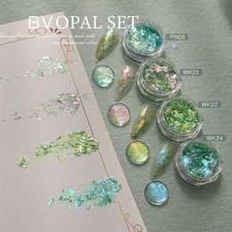 Nail Glitter HNDO Green Colour 4 Pcs Set Opal Powder Art Decoration Flakes Iridescent Pigment Dust for Manicure Design 230714