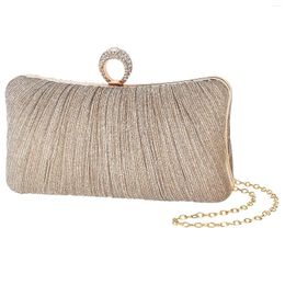 Evening Bags Women's Gold Glitter Clutch Pleated Bag For Bridal Wedding Party With Rhinestone Ring