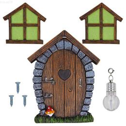 Garden Decorations Fairy Door For Trees Glow In Dark Fairies Door And Windows Garden Accessories Miniature Fairy Garden Decor Kit Tree Stump Decor L230715