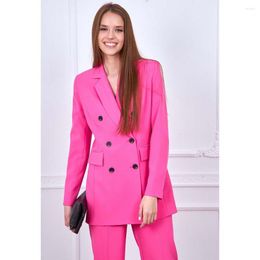Women's Two Piece Pants Bright Pink Double Breasted Suit Pieces (Jacket Pants) 2023 Fashion Slim Fit Blazer Office Set