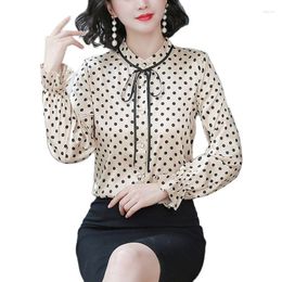 Women's Blouses Flare Sleeve Polka Dot Silk Shirt Women Designer Mock Neck Elegant Button Up Shirts 2023 Office Lady Bow Satin Chic Tops