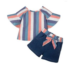 Clothing Sets 2Pcs Toddler Summer Tracksuit Stripe O-Neck Mandarin Sleeves Tops Elastic Waist Shorts For Baby Girls 3-24 Months