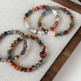 Strand ALLME Retro Multicolor Round Square Cubes Natural Stone Bracelets For Women Pearl Elastic Beaded Bracelet Accessories