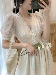 Cover-up 2023 Summer Elegant Lace Fairy Dresses Women Embroidery Mesh Sweet Party Long Dress Female Elegant Korean Lolita Princess Dress