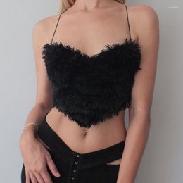 Women's Tanks Women Sexy Velvet Low-cut Crop Tops V-neck Plush Tie Up Cropped Wrap Femme Tank Vest Club Wear