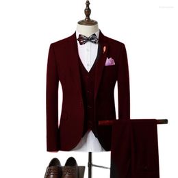 Men's Suits Lansboter Dark Red Men Suit 3 Pieces Slim Fit Solid Colour Casual Suitable Business Wedding Dress Groom Jacket Vest With Pants