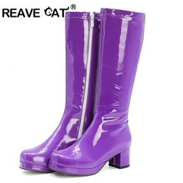 Boots REAVE CAT Autumn Candy Sweet Knee-High boots Round toe square heel PU Zipper Big size 33-46 Yellow Green Purple Orange S1981 230714
