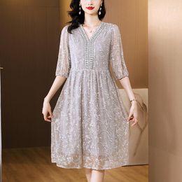 Casual Dresses 2023 Summer Silk Dress Female High-end Embroidery Loose Chiffon V-neck Women Fashion Elegant Boho Beach