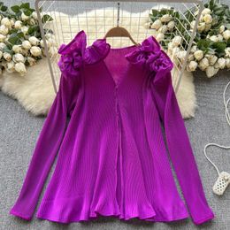 Women's Blouses Chic Spring Flower Ruffles Pleated Chiffon Shirt Summer V-Neck Long Sleeve Single Breasted Loose Tops