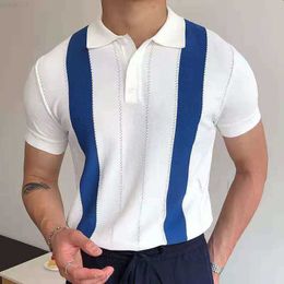 Men's T-Shirts Summer Men Vintage Knit Polo Shirt Turn-down Collar Button-up Tee Fashion Striped Print Slim Tshirts Top Ice Silk Fabric T-shirt L230715