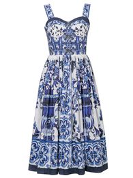 Urban Sexy Dresses Summer Hoiday Blue And White Porcelain Flower Printing Cotton Dres Spaghetti Strap Zipper Elastic Backless Midi Vestidos 230714