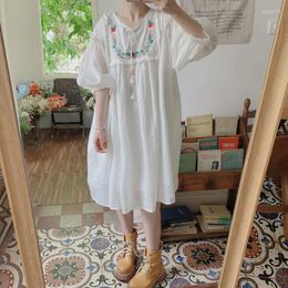 Party Dresses Summer Forest Embroidery White Ramie Holiday Style Loose Lantern Sleeves Collated With Lace Cotton Linen Women's Dress