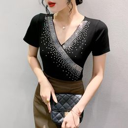Women's T Shirts 2023 Summer Shirt For Women Fashion Sexy V-neck Black Cotton Drilling Short Sleeve Lady Tops