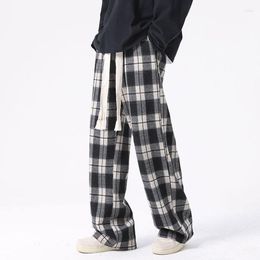 Men's Pants Fashion Men Plaid Casual Full Length Loose All-match Elastic Waist Drawstring Chequered Wide Leg Trousers Streetwear M-8XL