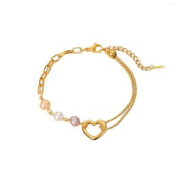 Strand Stainless Steel PVD 18K Gold Plated Tarnish Waterproof Natural Pearl Heart Bracelet Bangle For Woman Jewellery Wholesale Trendy
