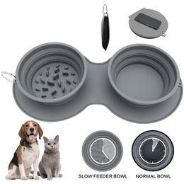 Cat Bowls Feeders Folding Silicone Pet Bowl Non slip Dog Double Use With Carabiner Outdoor Portable Food 230715