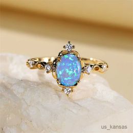 Band Rings Oval Cut Mystic Blue White Fire Opal Rings For Women Gold Colour Charm Rainbow Birthstone Wedding Bands Bridal Engagement Ring R230715