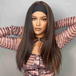 Synthetic Wigs ALAN EATON Black Brown Highlight Long Straight Headband Wigs for Black Women Daily Cosplay Synthetic Wigs Heat Resistant Fibre x0715