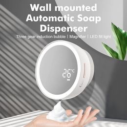 Liquid Soap Dispenser Wall Mount Automatic Foam Soap Dispenser HD Magnifying LED Glass Fill Light Temperature Display Hand Washer 230714