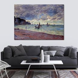 Canvas Art Fishing Boats by The Beach and The Cliffs of Pourville Claude Monet Painting Handmade Oil Reproduction High Quality