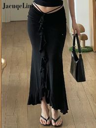 Skirts Jacuqeline Street Chic Ruffles Slim Long Low Waist Sexy Black Y2K Clothes Lace Up Elegant Bodycon Maxi Skirt 2023 Summer 230714