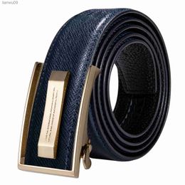 HiTie Brand Simple Design Fashion Blue Leather Belts for Men Casual Jeans Leather Strap Cowboy Belts Luxury Gold Metal Buckle L230704