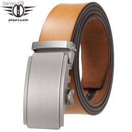 Plyesxale New Fashion Yellow Brown Ratchet Belt For Men 100 Genuine Leather Automatic Buckle Casual Trouser Belts Strap B767 L230704