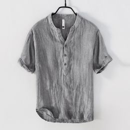 Vintage Linen T-Shirt for Men Pullover Casual V-Neck Short Sleeve Thin Breathable Tees Male Fashion Summer New T Shirt