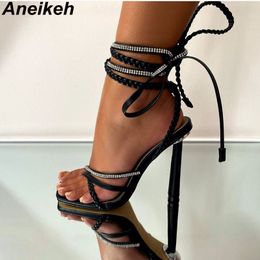 Sandals Aneikeh Crystal Shiny PU Sandals Women's Sweet Summer Zapatos De Mujer Gladiator Stiletto Heels Cross Tie Pump Shoes 230714
