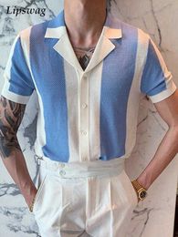 Mens T-Shirts 2022 Summer Short Sleeve Knitted Polo Shirt Casual Men Button-up Turn-down Collar Tops Mens Fashion Striped Polos Man Streetwear L230715