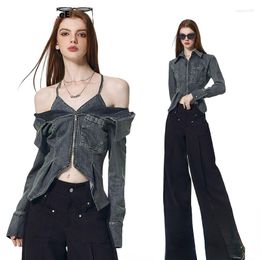 Women's Blouses Hikigawa Chic Fashion Women Streetwear Sweet Cool Y2k Layered Shirts Casual High Waist Slit Slim Zipper Denim Jackets Top