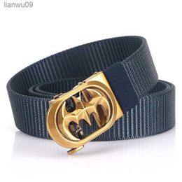 TUSHI 2022 Hot Sell Men Belt Stylized Bat Metal Automatic Buckle Male Waistband Jeans 120cm34cm Tank Pattern Nylon Girdle L230704