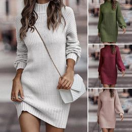 Casual Dresses Turtleneck Raglan Long Sleeves Solid Colour Sweater Dress Ladies Autumn Winter Ribbed Knitted Type Clothing