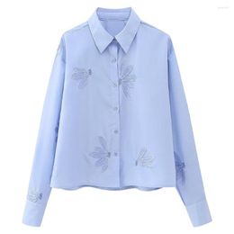 Women's Blouses 2023 Sweet Fashion Bead Embroidery Decoration Short Shirt Vintage Long Sleeve Button Unique Top