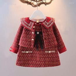 Clothing Sets Years Long Sleeve Coat A-line Dress 2pcs Set Cute Plaid Outfits Born Costumes For Girls 2023 Spring Autume Kids